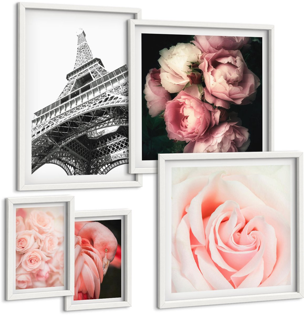 Tulup 4-Delige Schilderij Set - Roze rozen en de Eiffeltoren in een romantische stijl - 50 x 50 cm, 20 x 30 cm en 40 x 60 cm - Muurdecoratie - Wanddecoratie - Slaapkamer - Stijlvolle Muurdecoratie