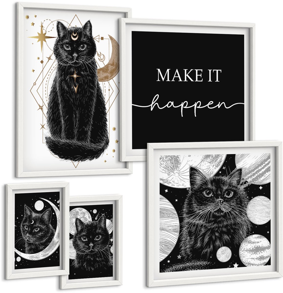 Tulup 4-Delige Schilderij Set - Zwarte katten in boho-stijl met ruimtemotieven - 50 x 50 cm, 20 x 30 cm en 40 x 60 cm - Stijlvolle Wanddecoratie - Interieur - Muurdecoratie