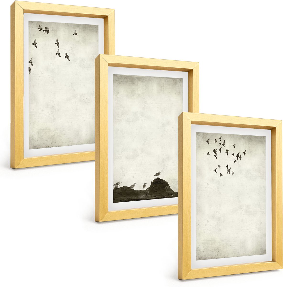 TULUP 4-Delige Schilderij Set - Vliegende zwerm vogels in minimalistische stijl - 20 x 30 cm - Schilderijen Set - Wanddecoratie - Woonkamer - Woonkamer Decoratie Gouden lijst