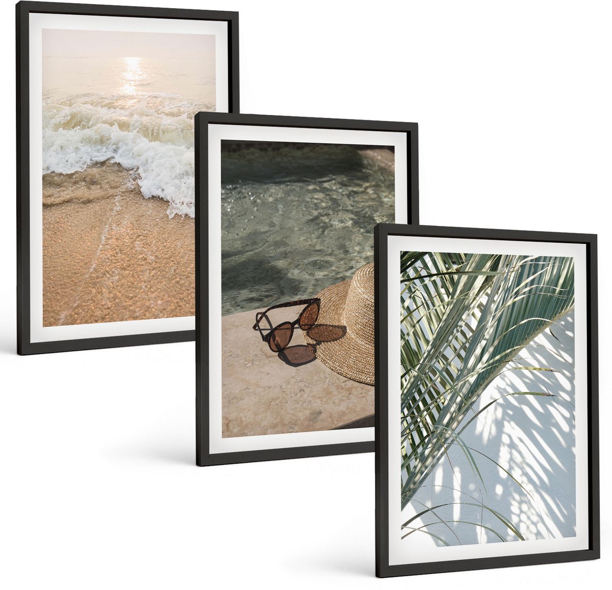Tulup 4-Delige Schilderij Set - Water Strandhoed en zonnebril Bladeren - 40 x 60 cm - Stijlvolle Muurdecoratie - Slaapkamer