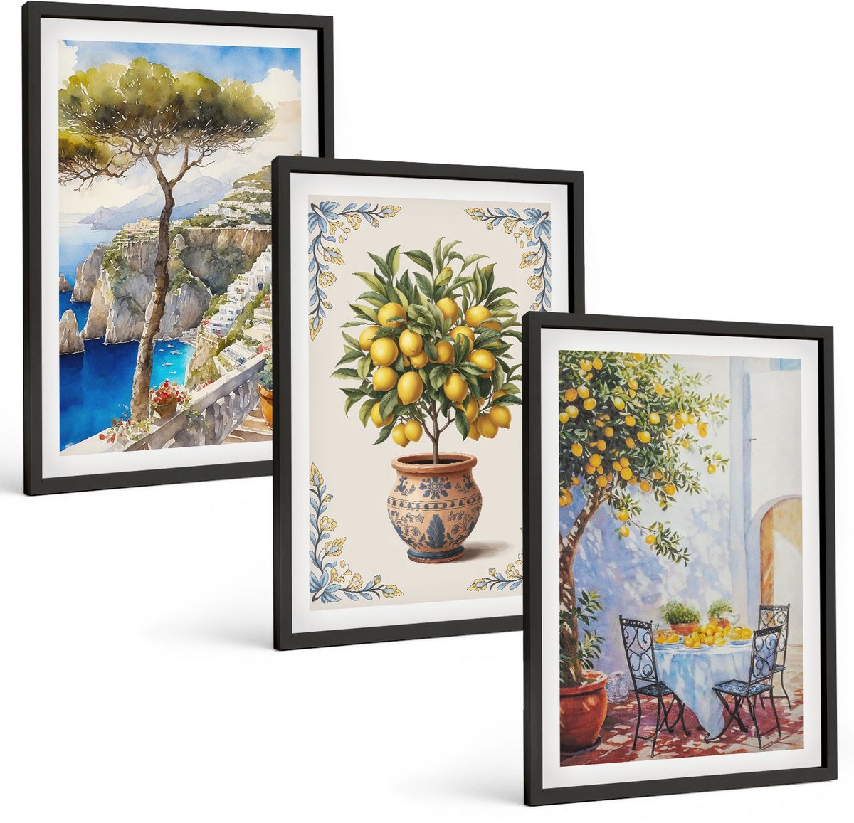Tulup 4-Delige Schilderij Set - Zeezicht met citroenboom en tuintafel - 40 x 60 cm - Muurdecoratie - Decoratieve Schilderijen - Wohnzimmer - Wanddecoratie