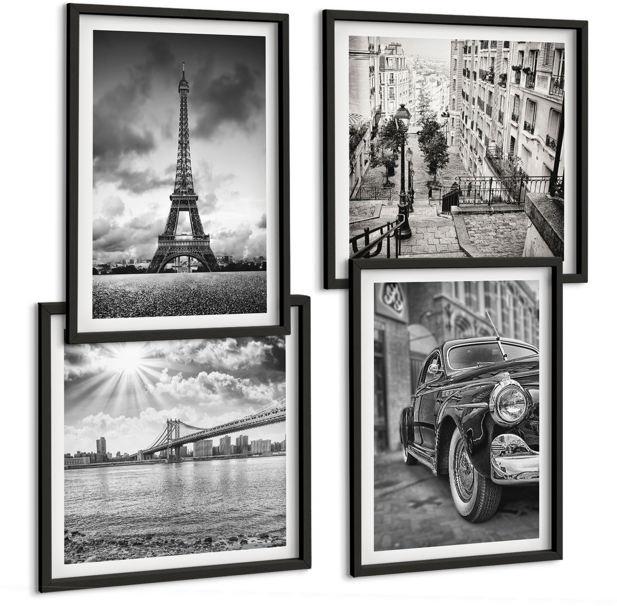 Tulup 4-Delige Schilderij Set - Stadsgezichten Bruggen Eiffeltoren Klassieke auto - 40 x 40 cm en 40 x 60 cm - Muurdecoratie - Wanddecoratie - Hal - Moderne Wanddecoratie