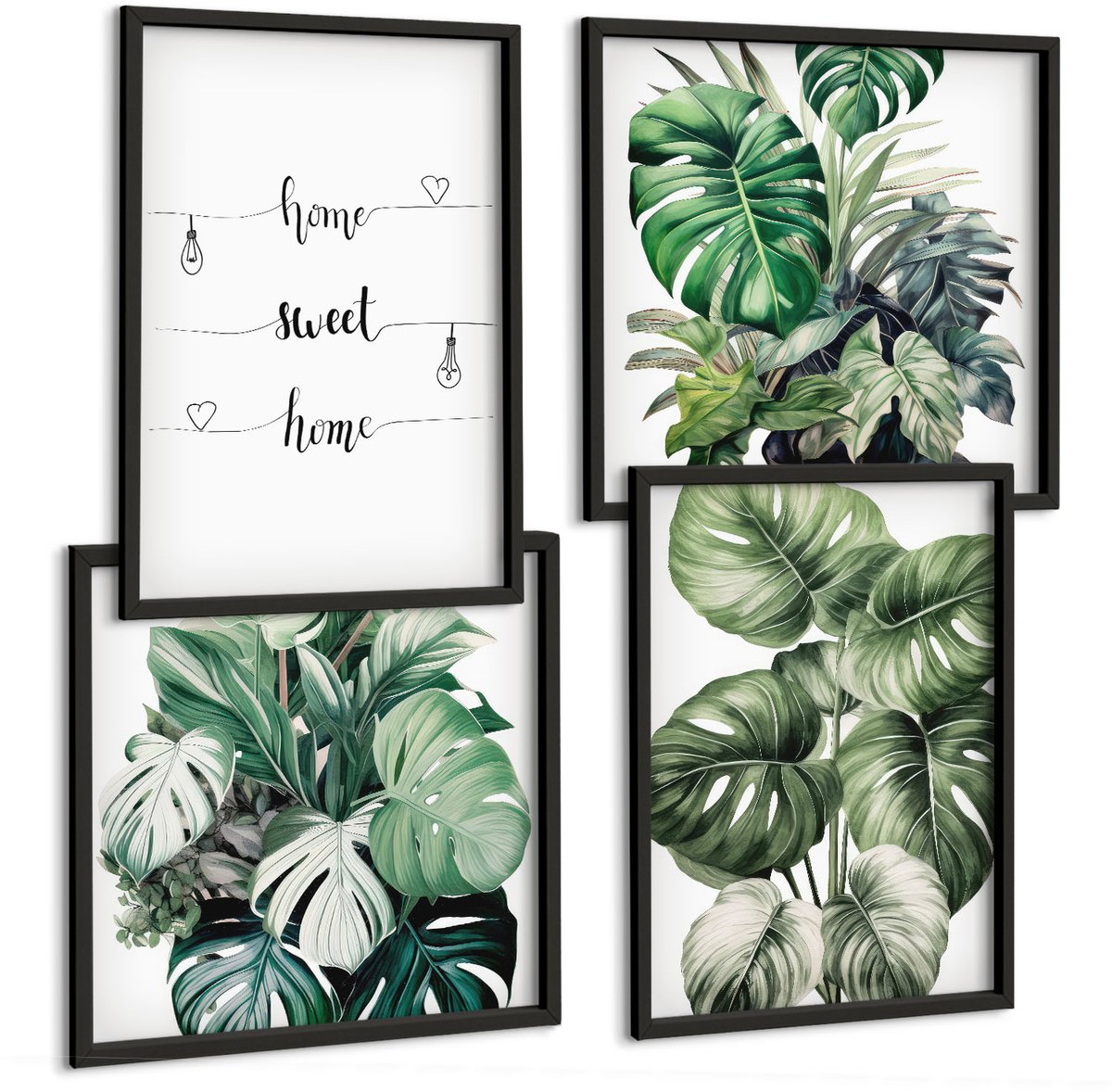 Tulup 4-Delige Schilderij Set - Aquarel Monstera verlaat het fijne thuis - 40 x 40 cm en 40 x 60 cm - Muurdecoratie - Wanddecoratie - Slaapkamer - Moderne Wanddecoratie