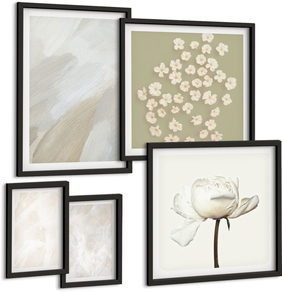 Tulup 4-Delige Schilderij Set - Bloemen en trendy texturen, delicate boho-stijl - 50 x 50 cm, 20 x 30 cm en 40 x 60 cm - Muurdecoratie - Wanddecoratie - Slaapkamer - Decoratieve Schilderijen