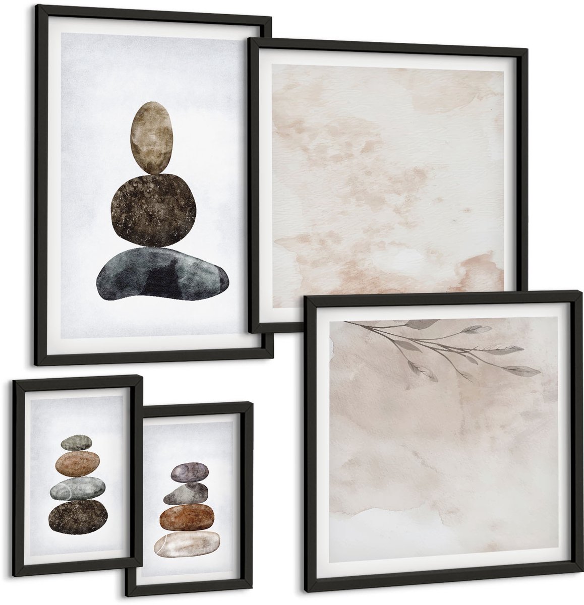 Tulup 4-Delige Schilderij Set - Minimalistisch boho-schilderij van steenstapels - 50 x 50 cm, 20 x 30 cm en 40 x 60 cm - Stijlvolle Muurdecoratie - Kantoor - Interieur Decoratie