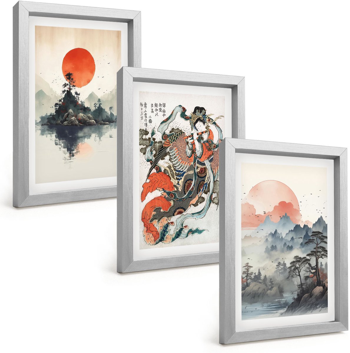 Tulup 4-Delige Schilderij Set - Aziatische schilderijen: landschappen en portretten in de Japandi-stijl. - 20 x 30 cm - Muurdecoratie - Wanddecoratie - Slaapkamer - Decoratieve Schilderijen