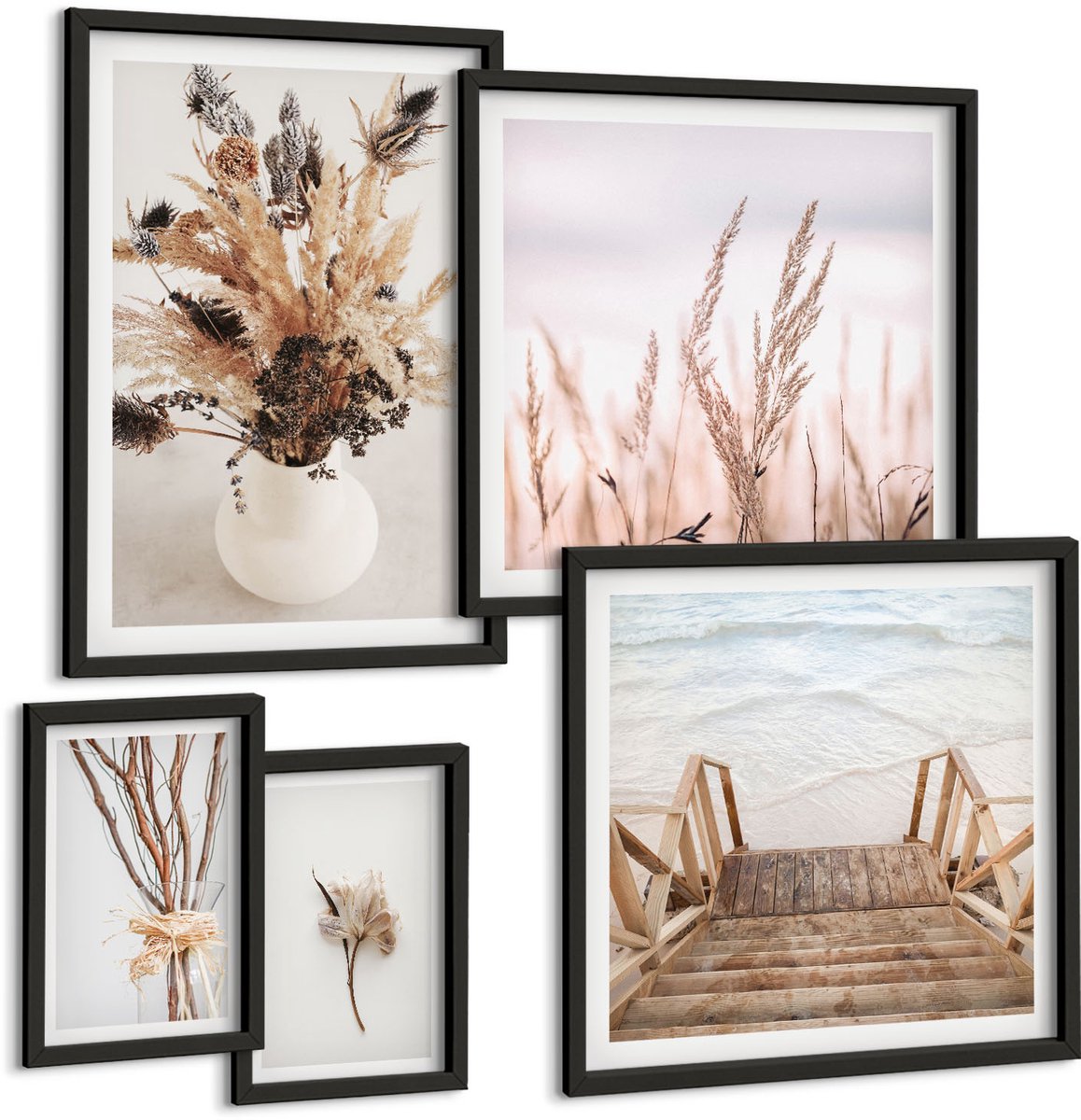 Tulup 4-Delige Schilderij Set - Stijlvolle decoraties met gedroogde planten en waterpartijen - 50 x 50 cm, 20 x 30 cm en 40 x 60 cm - Decoratieve Muurdecoratie - Slaapkamer - Moderne Wanddecoratie