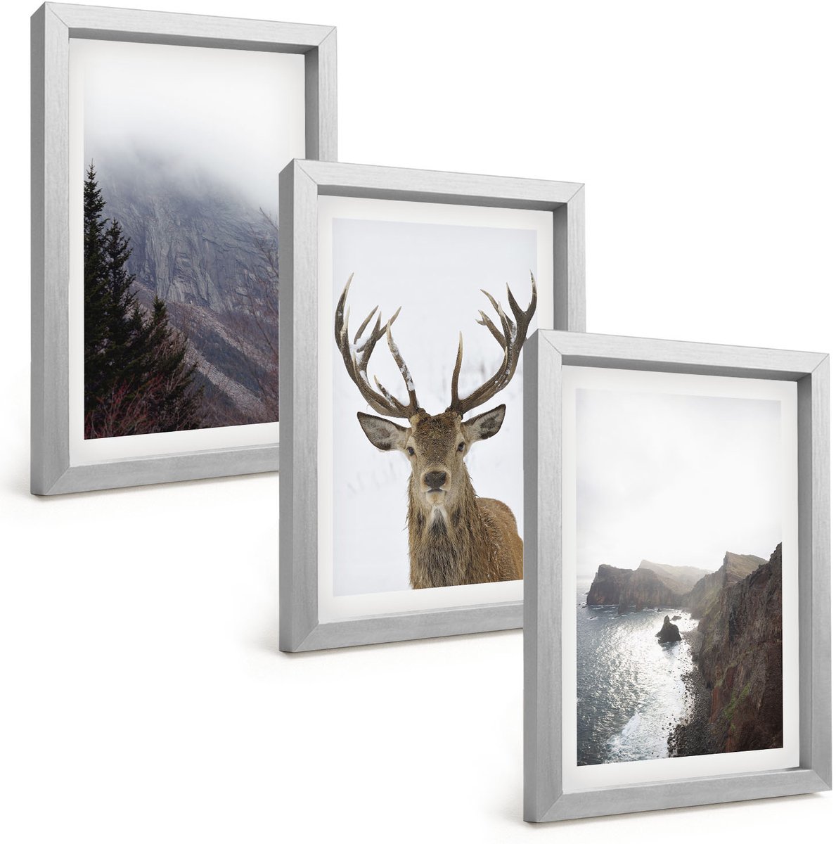 Tulup 4-Delige Schilderij Set - Berglandschap met mist, water en herten - 20 x 30 cm - Muurdecoratie - Wanddecoratie - Hal