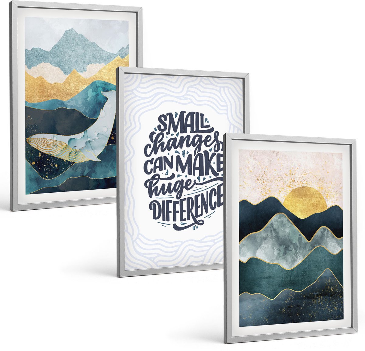 TULUP 4-Delige Schilderij Set - Abstracte berglandschappen met inspirerende belettering - 40 x 60 cm - Wanddecoratie - Muurdecoratie - Moderne Interieurdecoratie Zilveren lijst