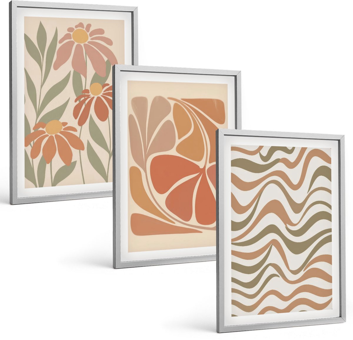 TULUP 4-Delige Schilderij Set - Pastelkleurige bloemen en abstracte patronen - 40 x 60 cm - Wanddecoratie - Schilderijen Set - Interieur - Muurdecoratie Zilveren lijst
