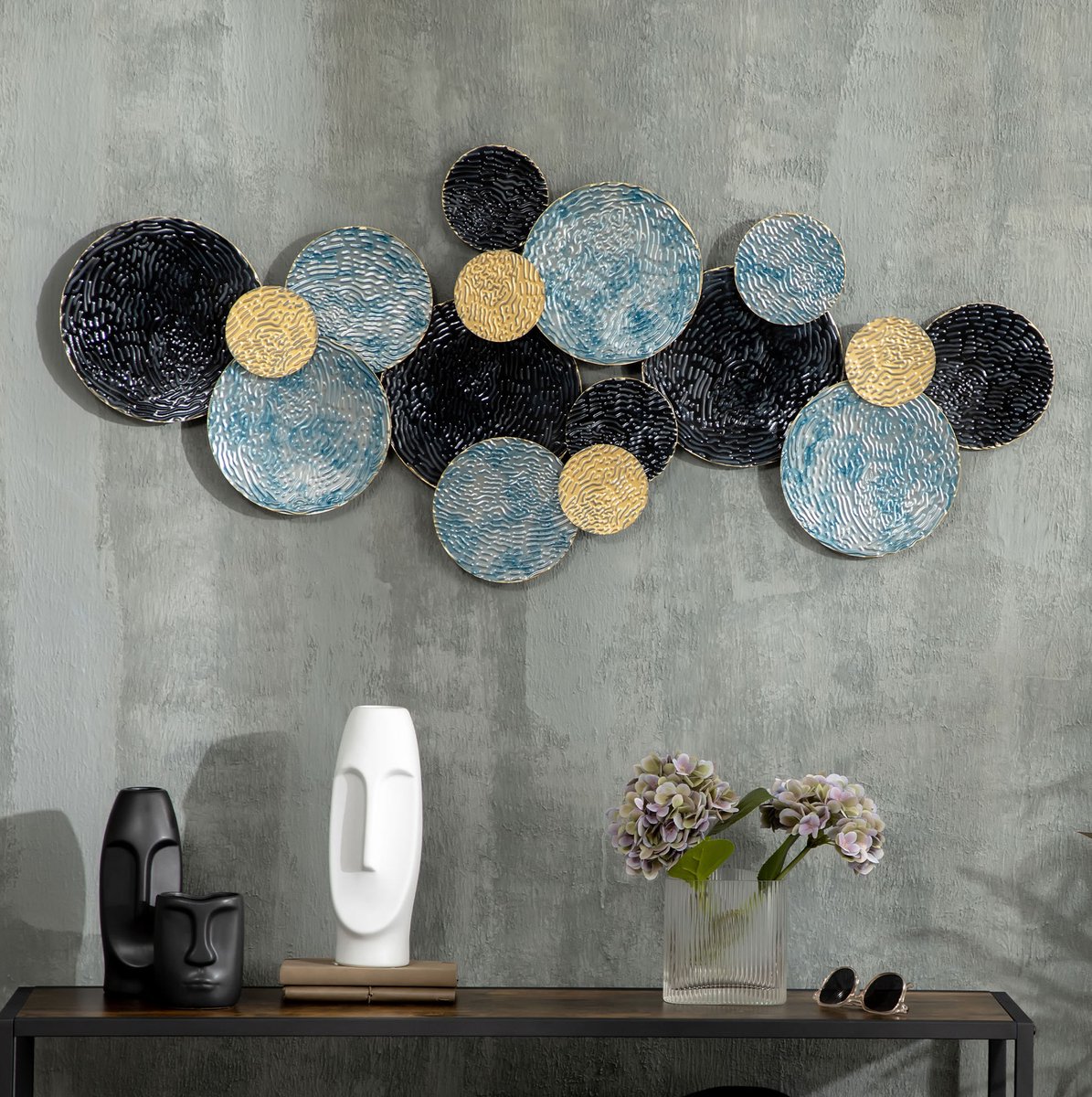 DESMIU Wandpaneel – 3D Wandsculptuur In Metaal – 121 X 53 Cm – IJzer – Goud Zwart Blauw – Voor Moderne Wanddecoratie Binnen