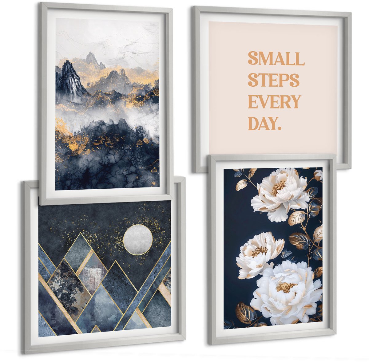 TULUP 4-Delige Schilderij Set - Abstracte bergen, bloemen en inspirerende letters - 40 x 40 cm en 40 x 60 cm - Wanddecoratie - Muurdecoratie - Moderne Interieurdecoratie - Woonkamer Decoratie Zilveren lijst