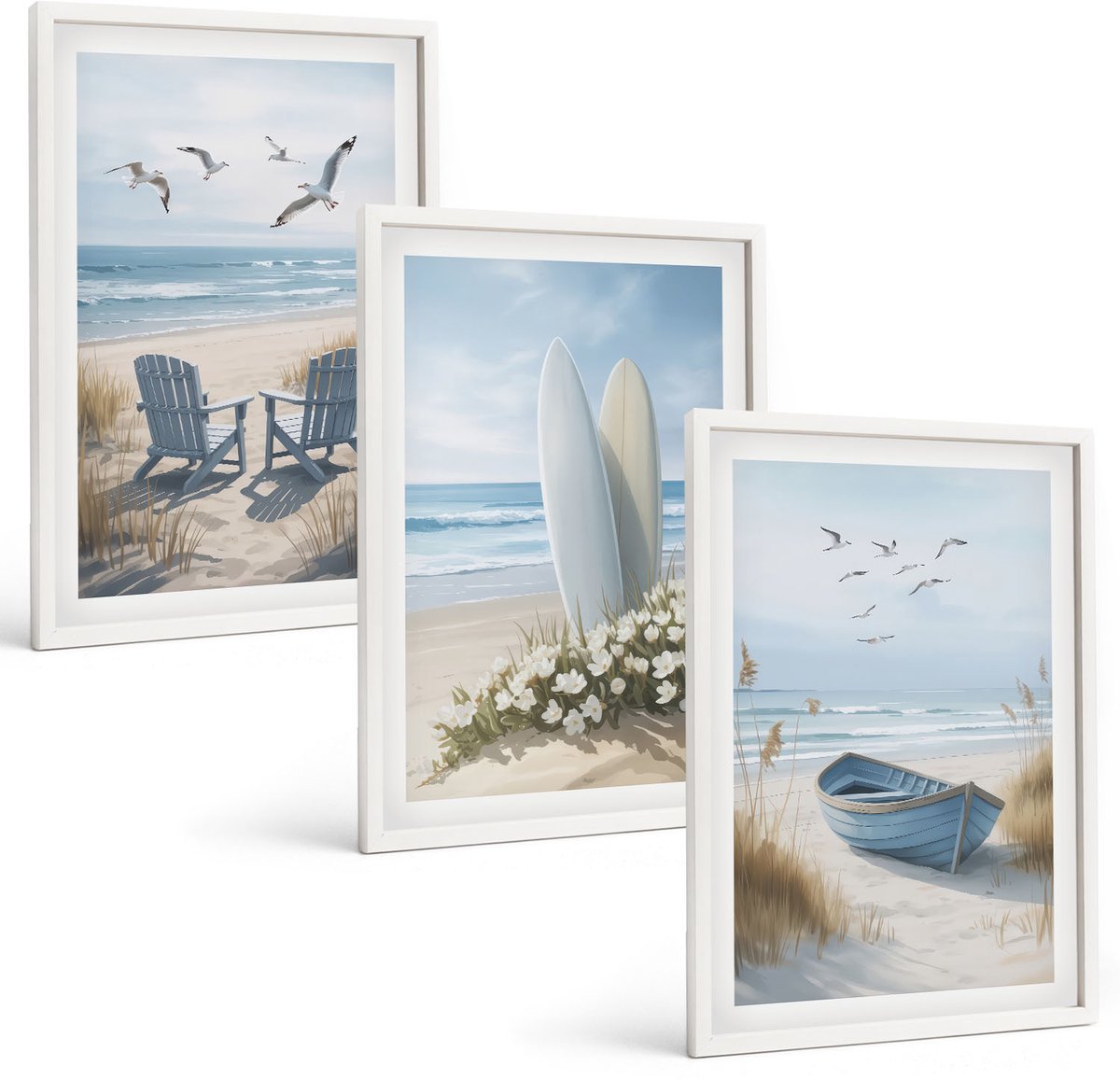 Tulup 3-Delige Schilderij Set - Strand met surfplanken, boten en vogels - 40x60 - Muurdecoratie - Wanddecoratie - Slaapkamer