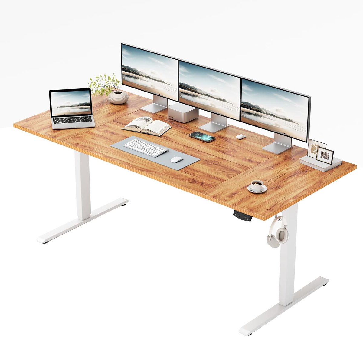 Elektrisch in hoogte verstelbaar bureau 140 x 80 cm - Lichtbruin - Geheugenfunctie - Ideaal voor thuiswerken - ShopVlot
