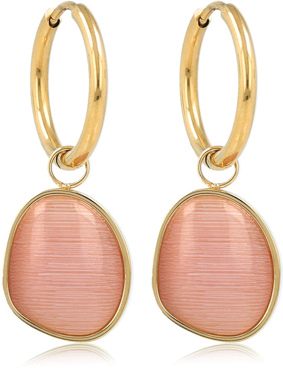 My Bendel - Goudkleurige Oorring met Pink Moonstone Hanger In Organische Vorm - met Luxe Cadeauverpakking | Sieraden Voor Dames