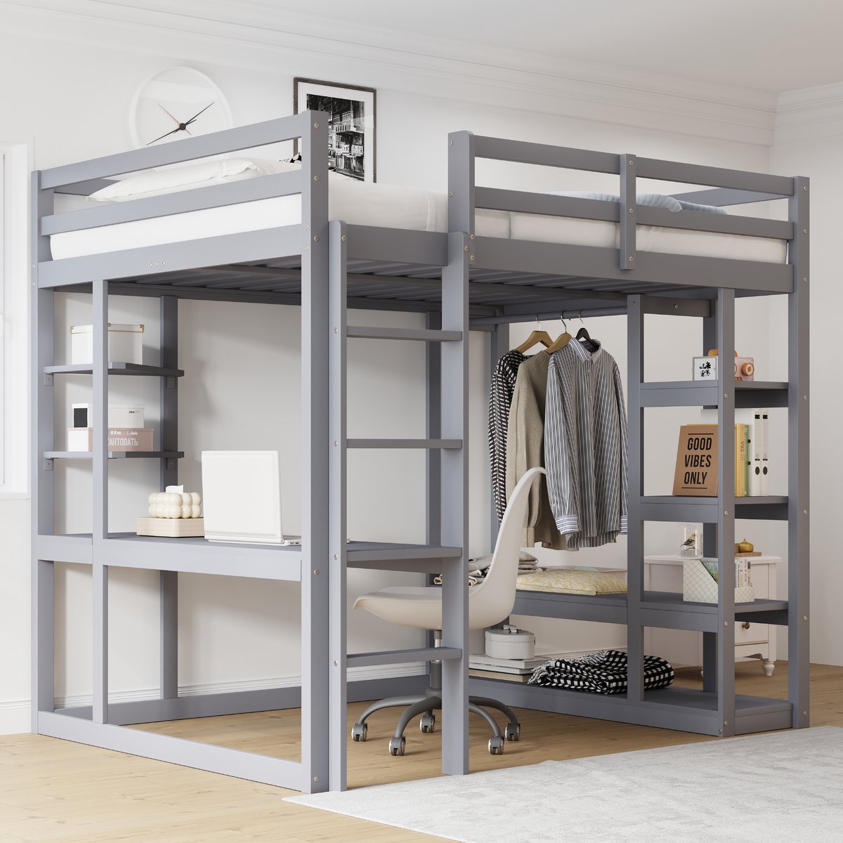 Hoogslaper - 140 x 200 cm - 2-persoons - met bureau - met kledingkast - met opbergruimte - met ladder - Grijs