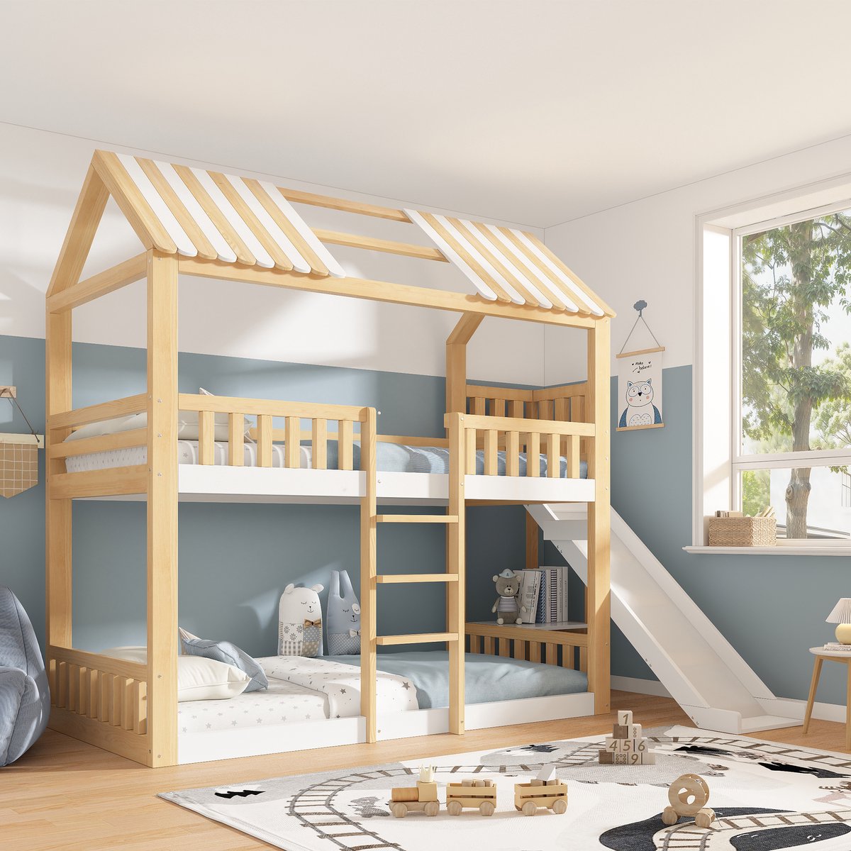 Stapelbed - 90 x 200 cm - 2 slaapplaatsen - met opbergruimte - met glijbaan - Naturel en Wit