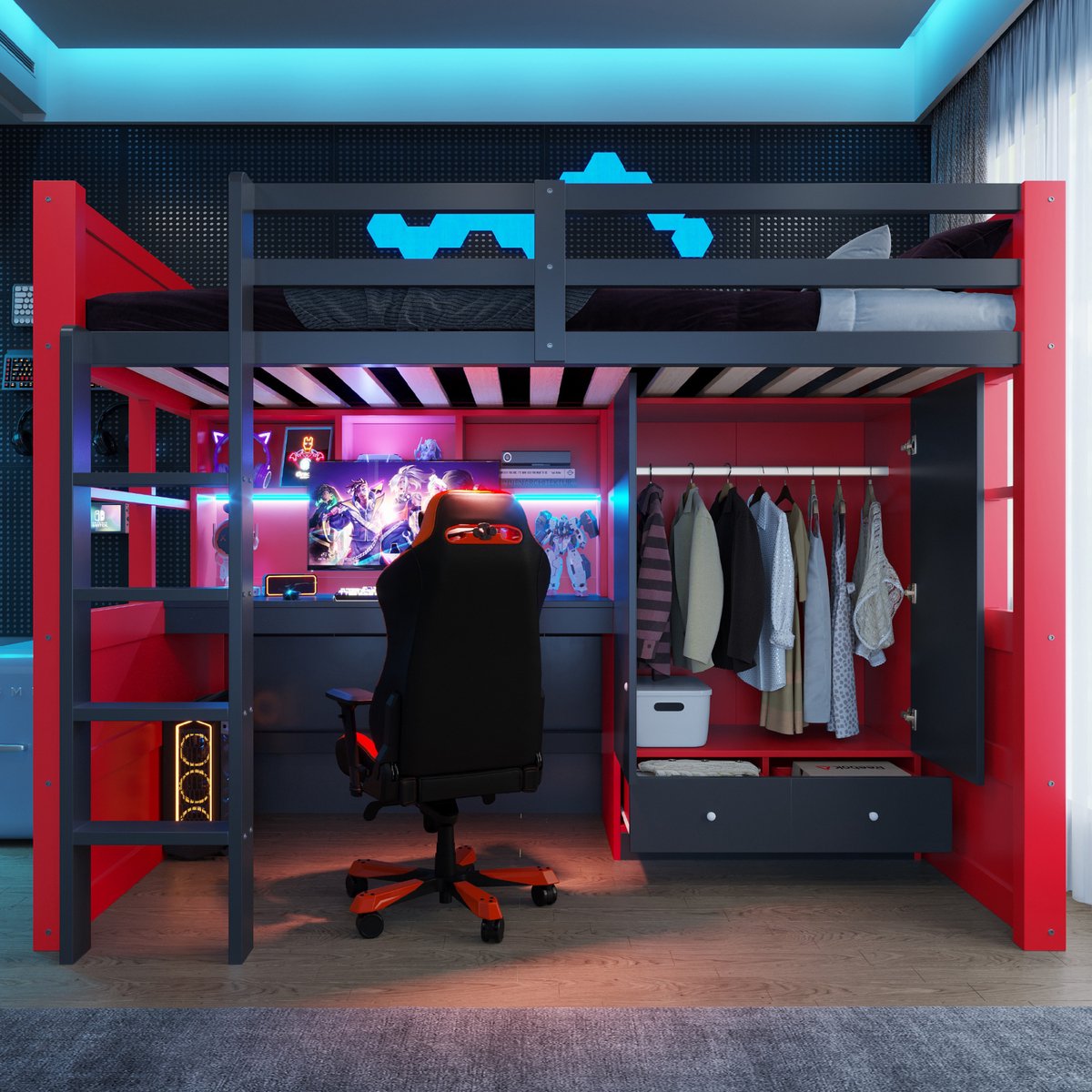 Hoogslaper - 90 x 200 cm - 1-persoons - met bureau - met kledingkast - met opbergruimte - met LED-verlichting - Zwart en Rood