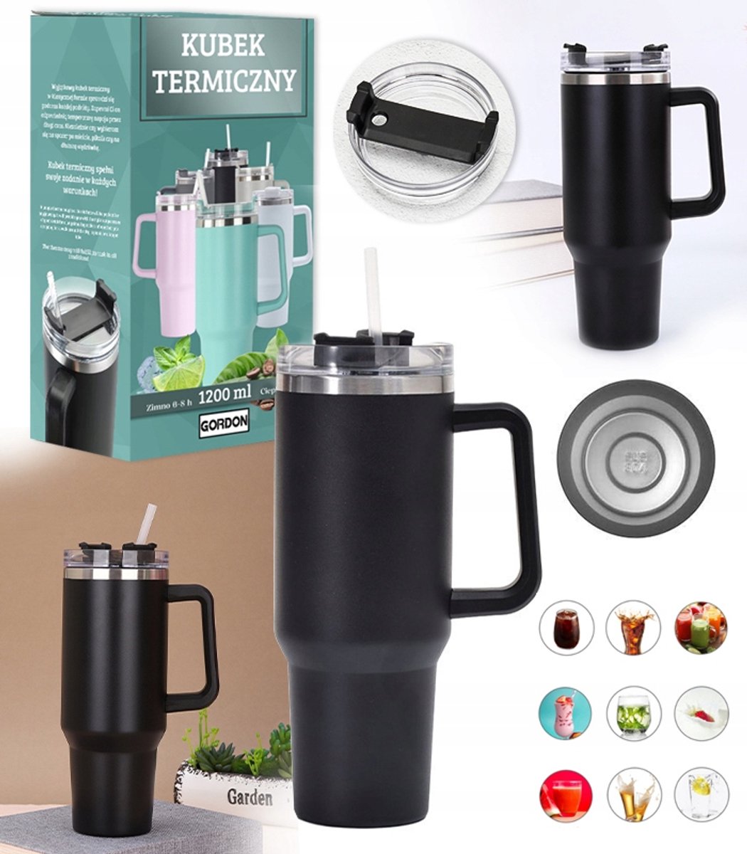 RVS Thermosbeker XXL 1200ml met Rietje - Warm & Koud