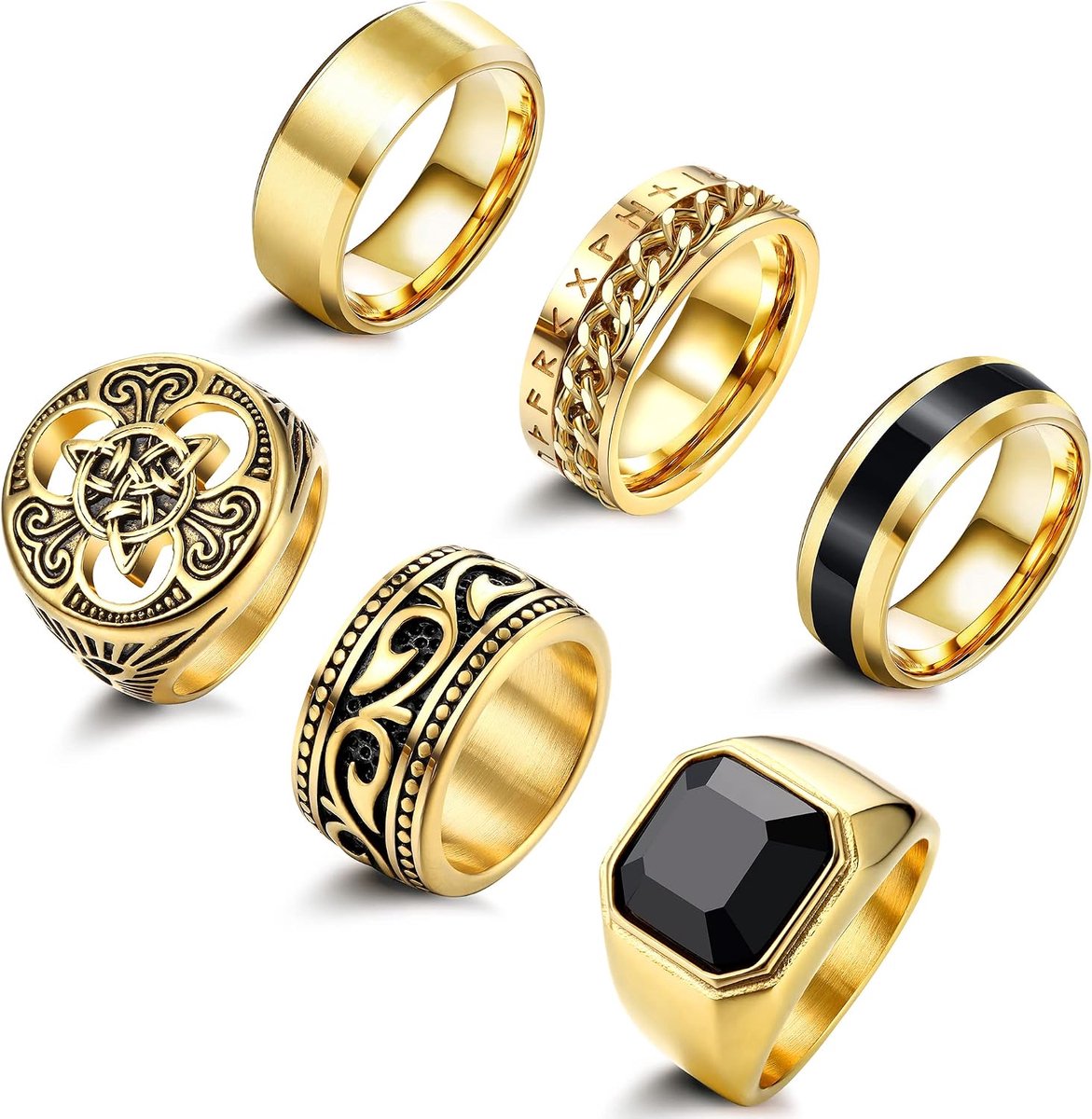 Adramata 6 Pcs Men's Stainless Steel Celtic Knot Rings Set Gothic Viking Vintage Seal Silver Rings - ShopVlot