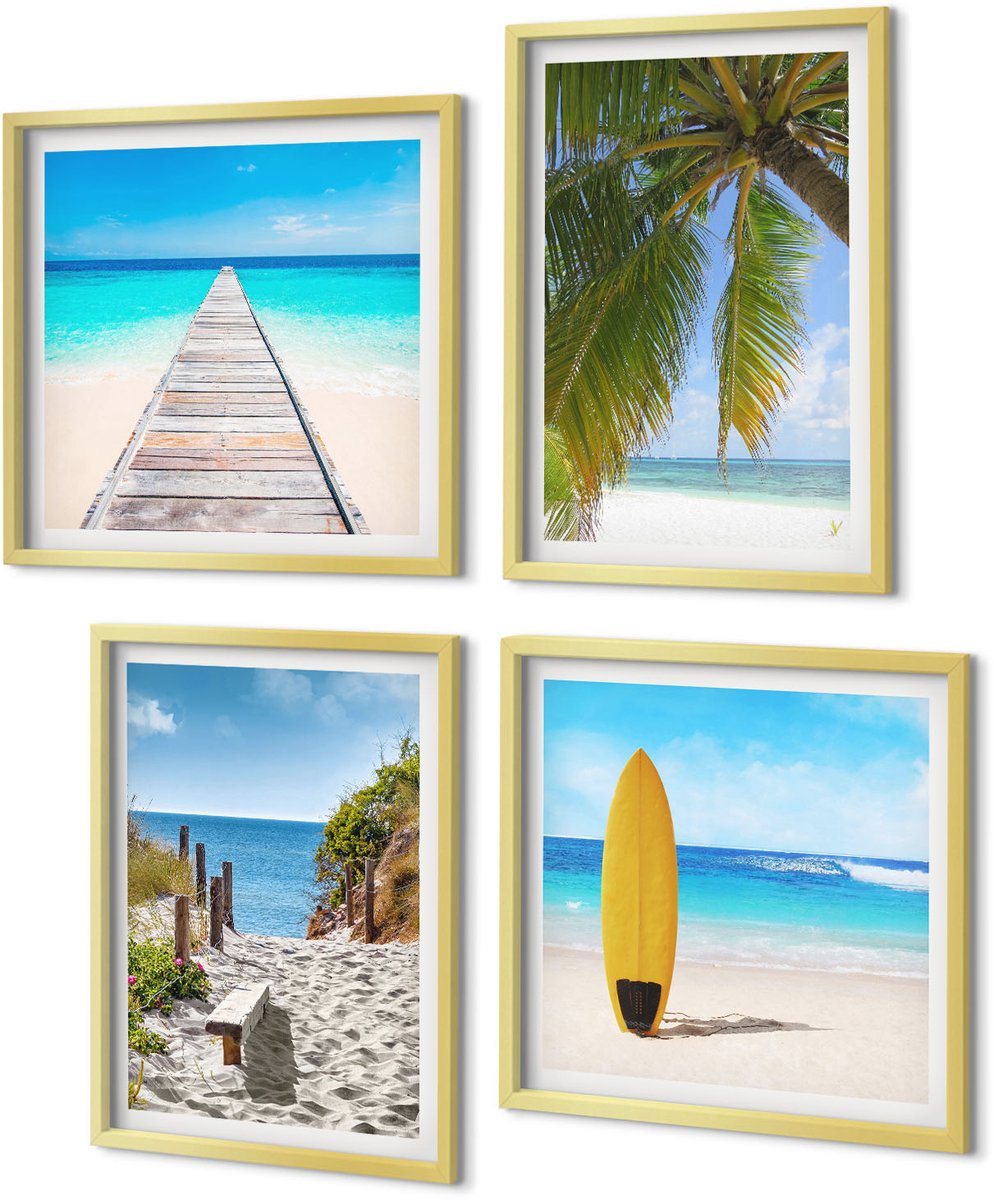 Coloray 4-Delige Schilderij Set - Vakantiegezichten, strandgolven en palmbomen in de tropen - 40 x 40 cm en 40 x 60 cm - Decoratieve Muurdecoratie - Slaapkamer