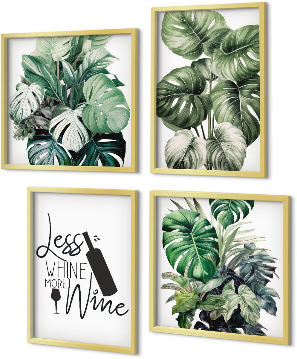 Coloray 4-Delige Schilderij Set - Groene plantenbladeren met het opschrift "wijn". - 40 x 40 cm en 40 x 60 cm - Stijlvolle Muurdecoratie - Kantoor - Moderne Wanddecoratie