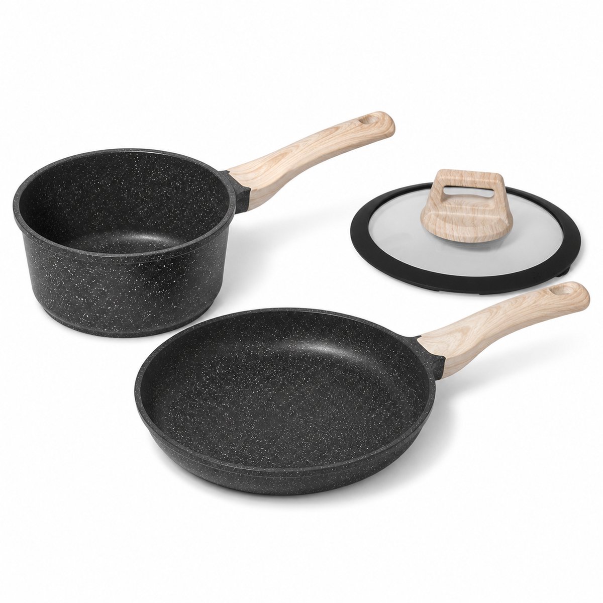 Pannenset Inductie 3-delig – Koekenpan en Steelpan met Deksel – Marmeren Antiaanbaklaag – Alle Warmtebronnen – Zwart