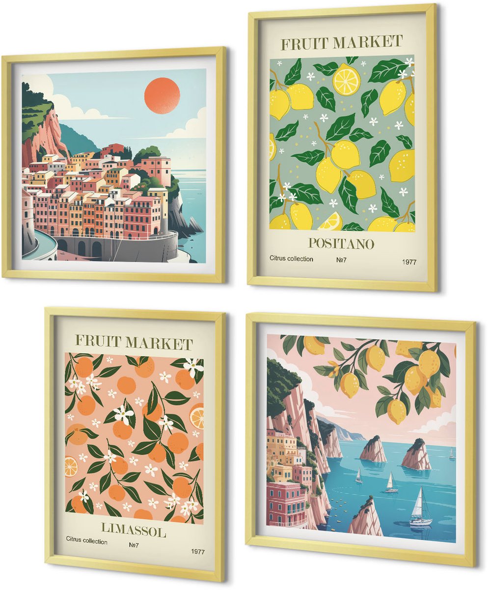 Coloray 4-Delige Schilderij Set - Citrusvruchten en tropisch fruit op Italiaanse wijze - 40 x 40 cm en 40 x 60 cm - Stijlvolle Wanddecoratie - Interieur - Interieur Decoratie