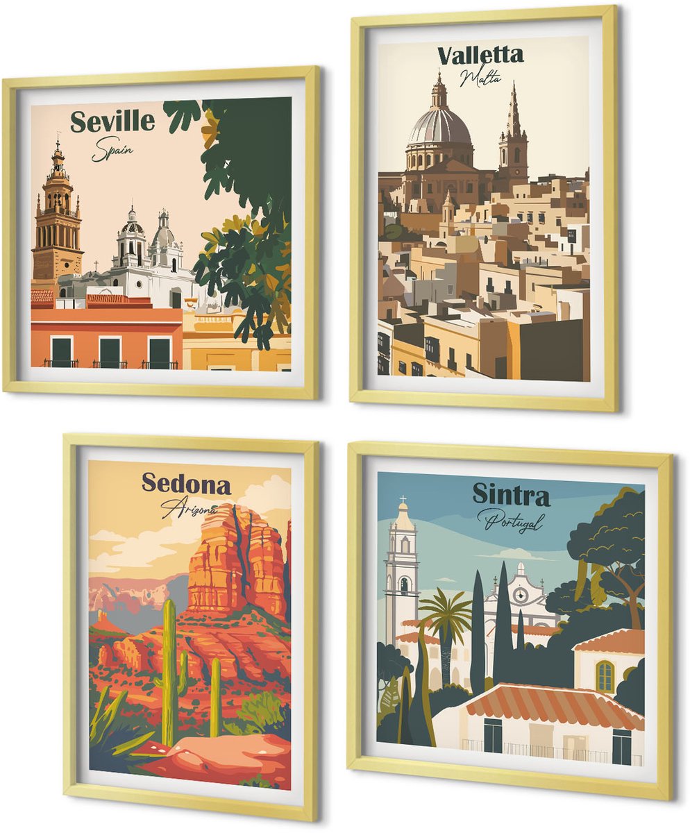Coloray 4-Delige Schilderij Set - Retro-stijl stadsgezichten Sedona Sintra Sevilla Valletta - 40 x 40 cm en 40 x 60 cm - Decoratieve Schilderijen - Wanddecoratie - Hal - Muurdecoratie