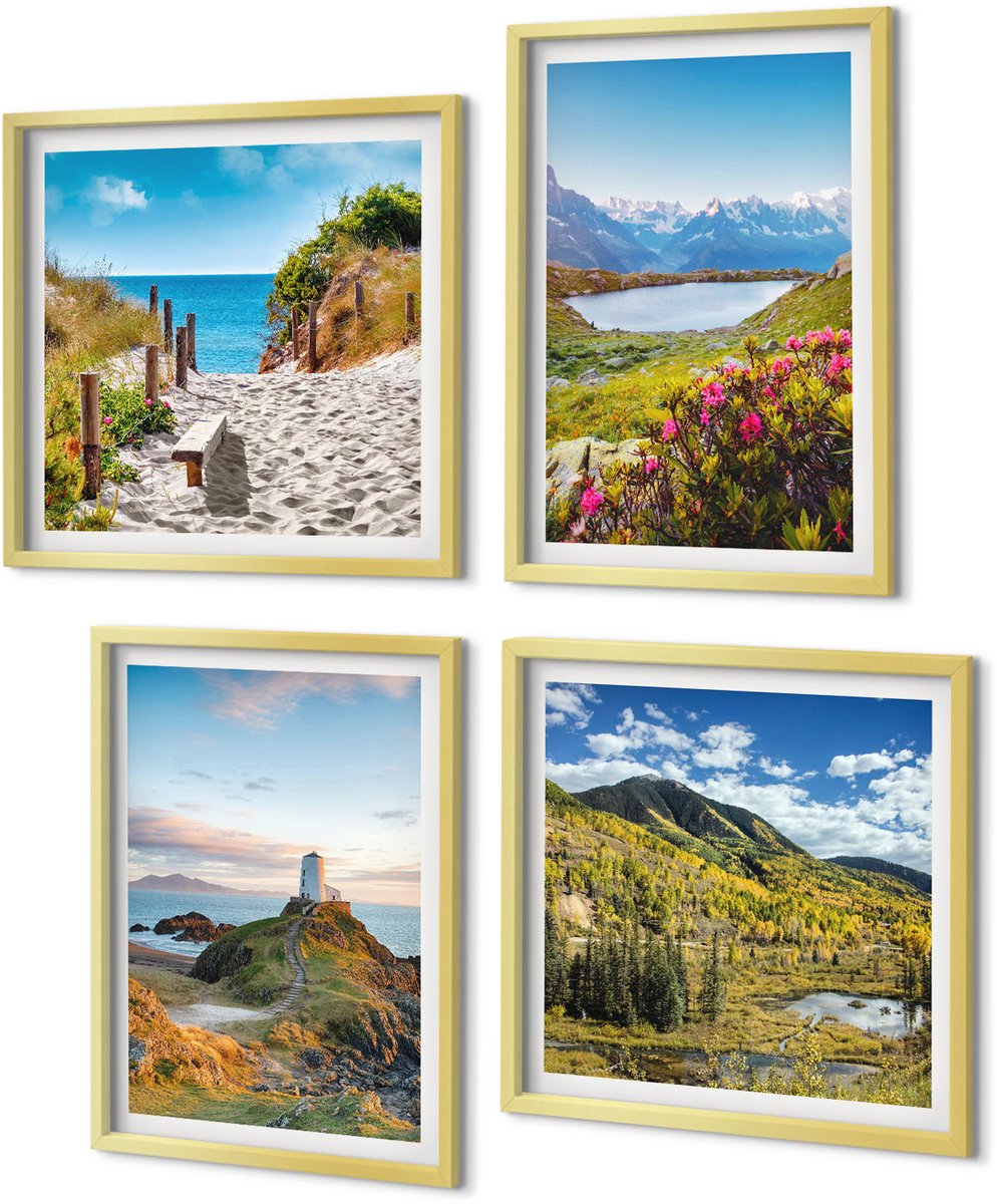 Coloray 4-Delige Schilderij Set - Uitzicht op het strand bij de vuurtoren, de bergen en de bloemenweiden. - 40 x 40 cm en 40 x 60 cm - Muurdecoratie - Schilderijen Set - Woonkamer - Stijlvolle Muurdecoratie