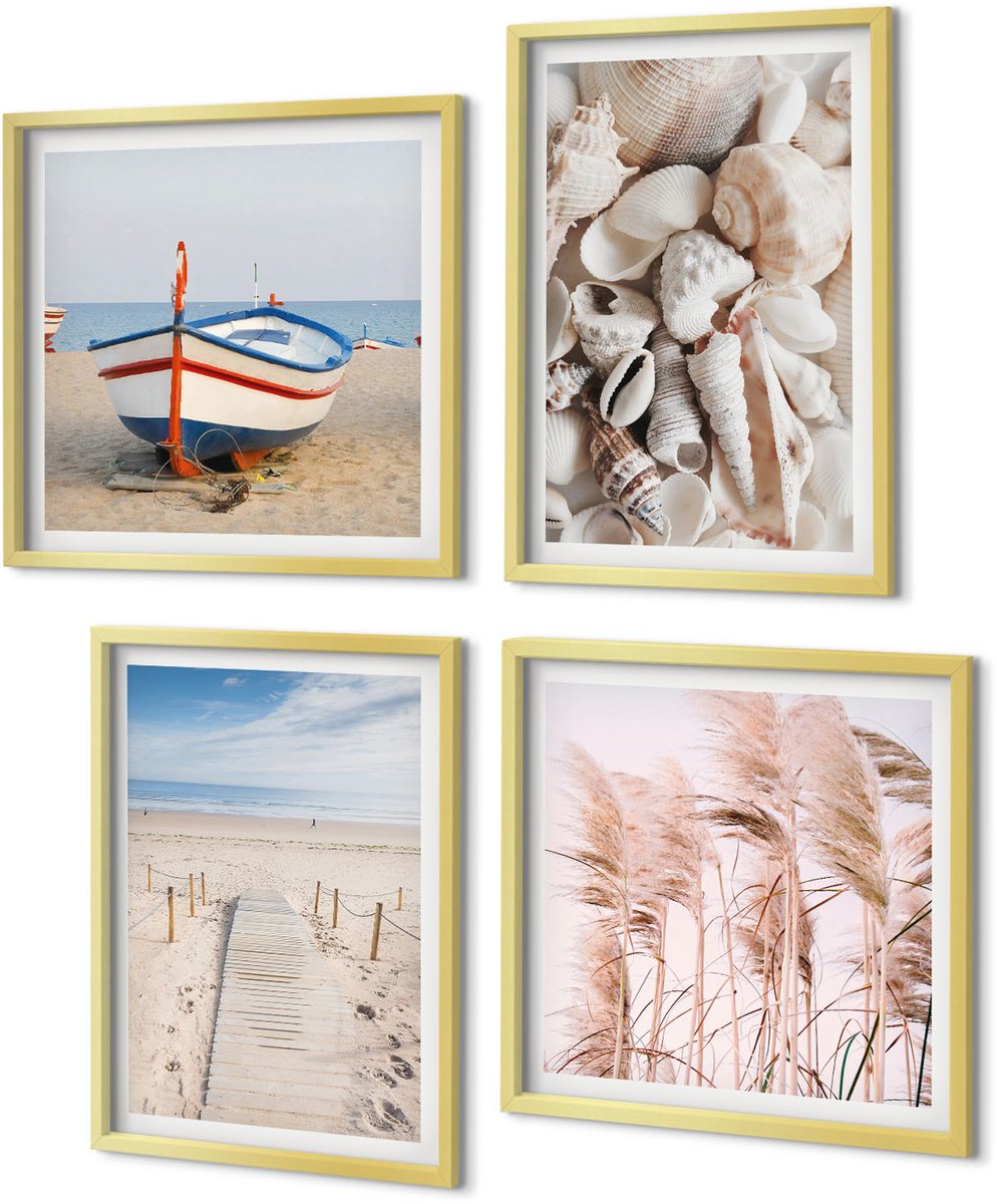 Coloray 4-Delige Schilderij Set - Zandstrand Boot Schelpen Gras Boho - 40 x 40 cm en 40 x 60 cm - Stijlvolle Muurdecoratie - Kantoor - Moderne Wanddecoratie
