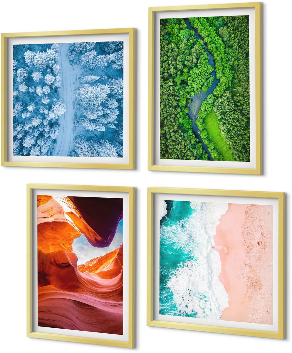 Coloray 4-Delige Schilderij Set - Water in beweging, kloof en bos, groene winternatuur - 40 x 40 cm en 40 x 60 cm - Wanddecoratie - Schilderijen Set - Interieur