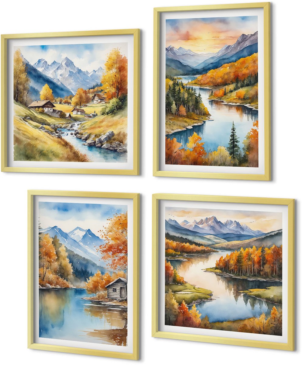 Coloray 4-Delige Schilderij Set - Herfstlandschap in de bergen met een rivier en een huisje aan het water. - 40 x 40 cm en 40 x 60 cm - Decoratieve Schilderijen - Woonkamer - Interieur - Stijlvolle Muurdecoratie