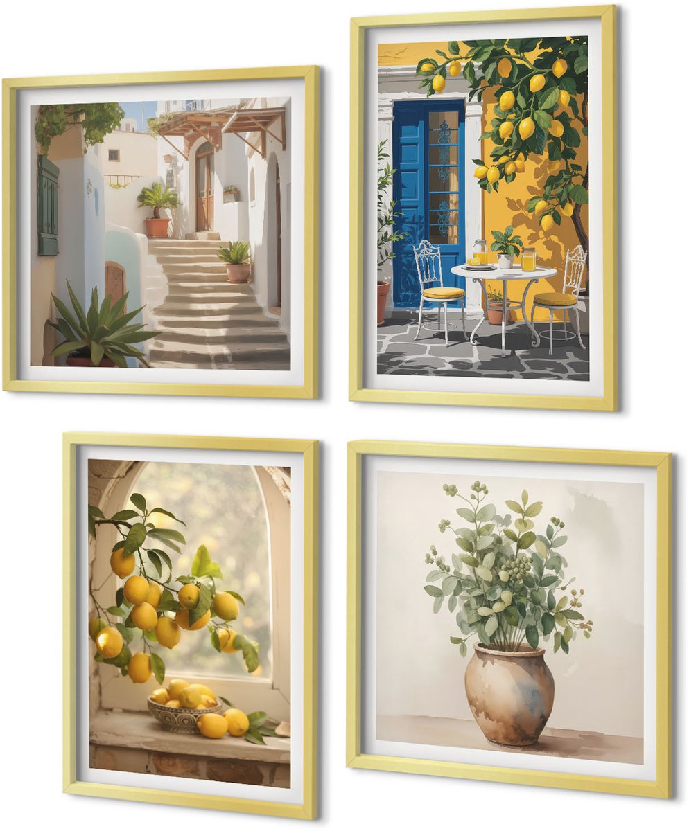 Coloray 4-Delige Schilderij Set - Citroenen in de stad van de Italiaanse architectuur - 40 x 40 cm en 40 x 60 cm - Moderne Wanddecoratie - Slaapkamer - Decoratieve Schilderijen
