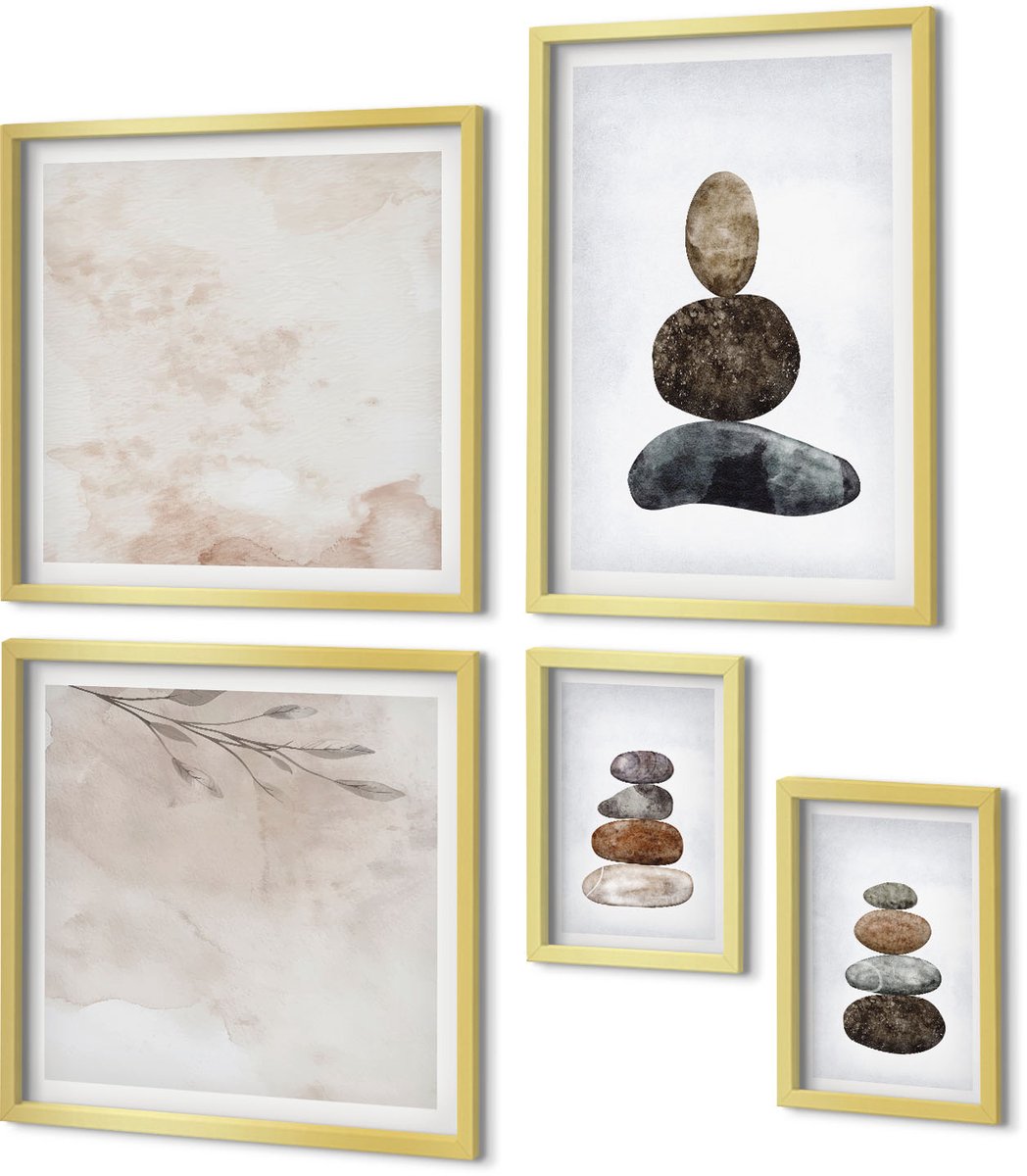 Coloray 5-Delige Schilderij Set - Minimalistisch Boho-Schilderij Van Steenstapels - 50 x 50 cm, 20 x 30 cm En 40 x 60 cm - Stijlvolle Muurdecoratie - Kantoor - Decoratieve Schilderijen