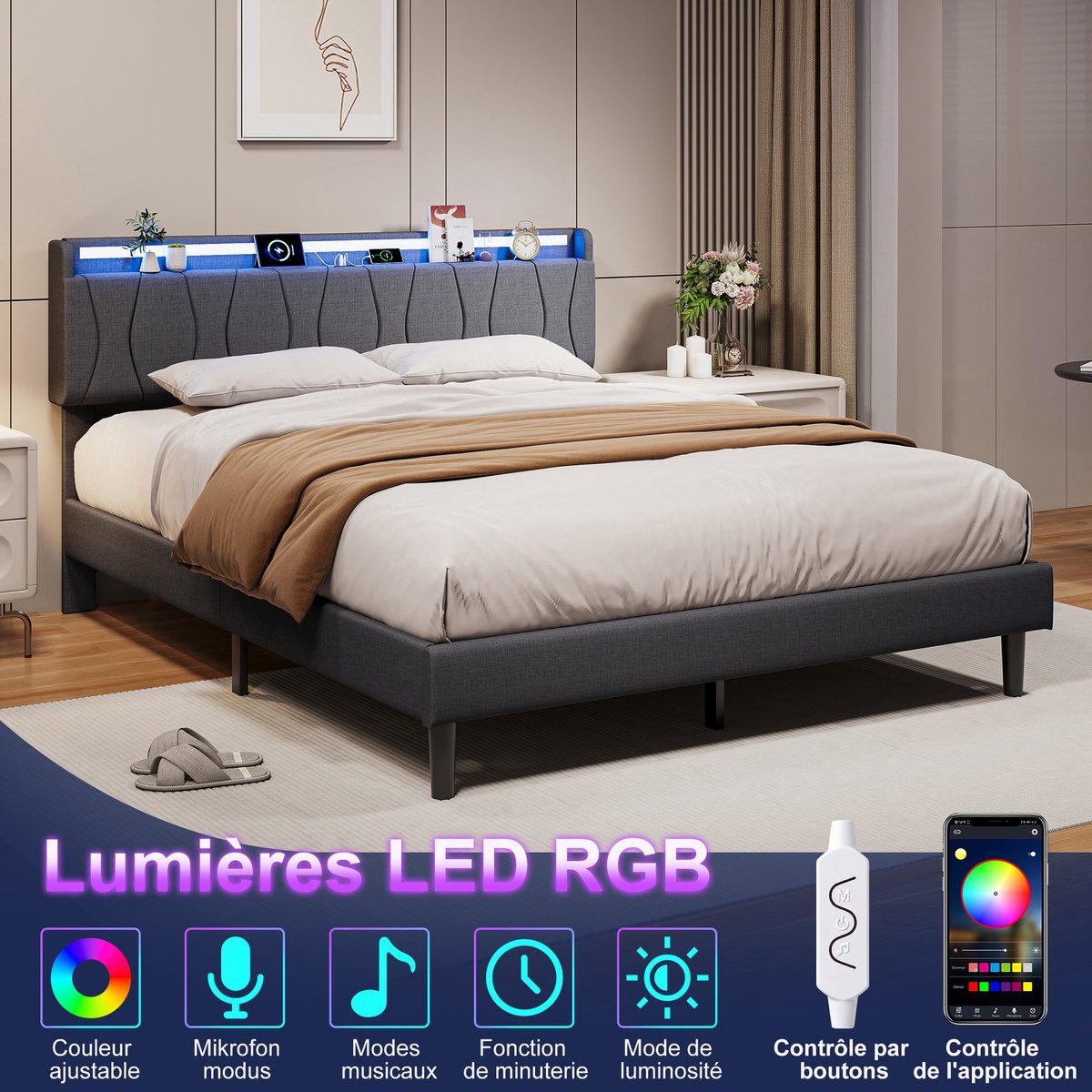 Gestoffeerd Tweepersoonsbed 160x200 cm-Bed met LED Verlichting-Oplaadstation met USB en USB-C-Opbergvak in Hoofdbord-Linnen-Grijs