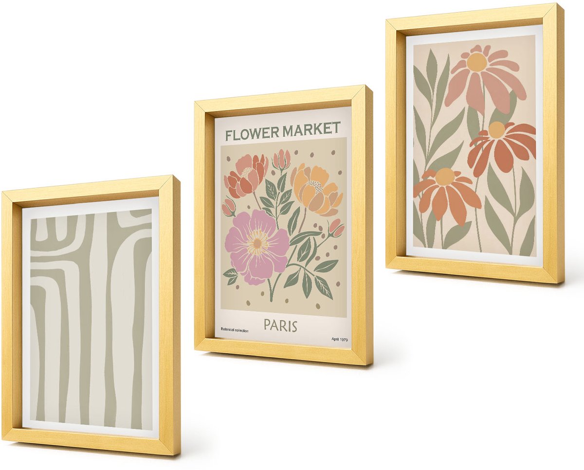 Coloray 4-Delige Schilderij Set - Poster met botanische motieven, Parijse minimalistische stijl - 20 x 30 cm - Muurdecoratie - Wanddecoratie - Slaapkamer - Interieur Decoratie