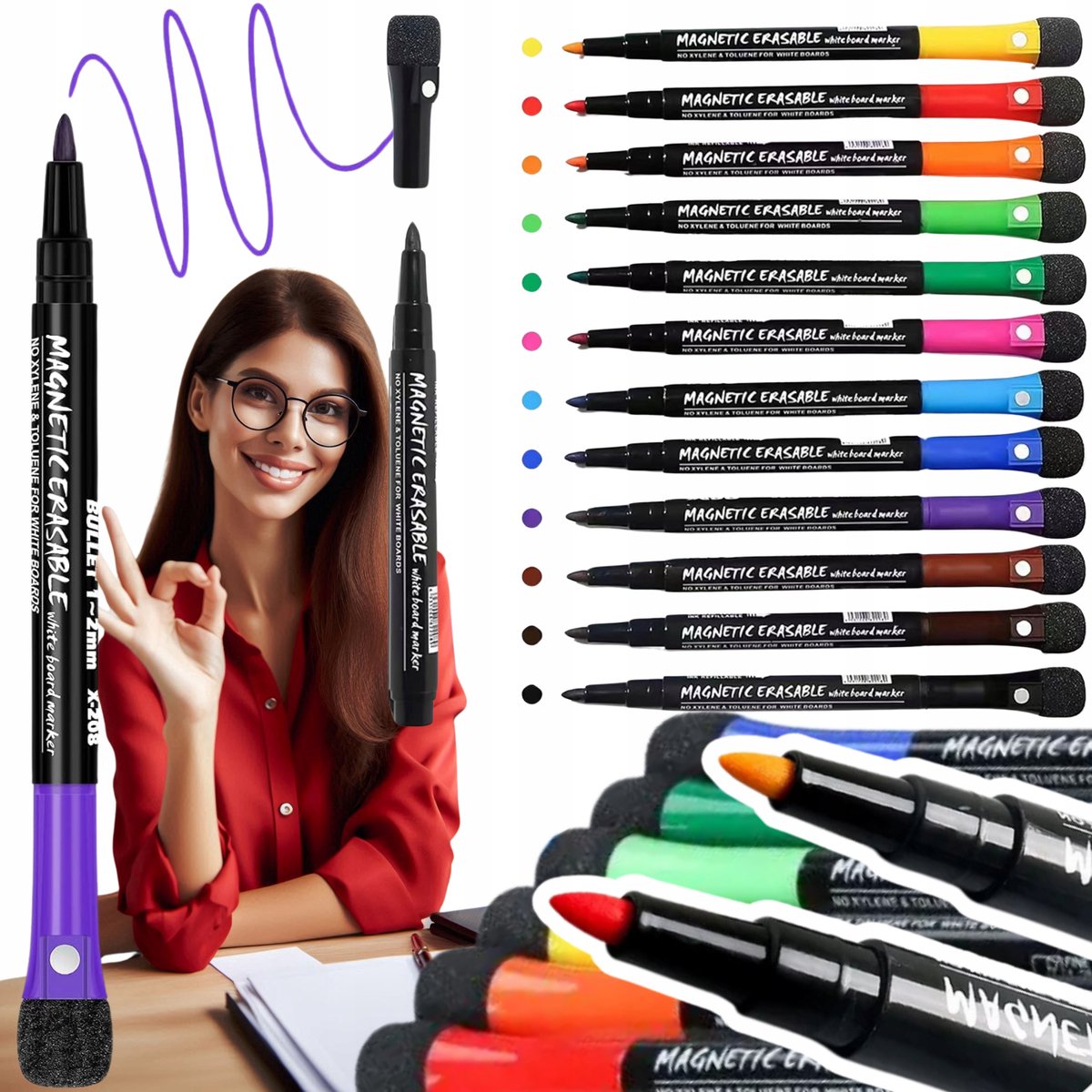 12 Magnetische Whiteboard Markers met Gum & Dunne Punt