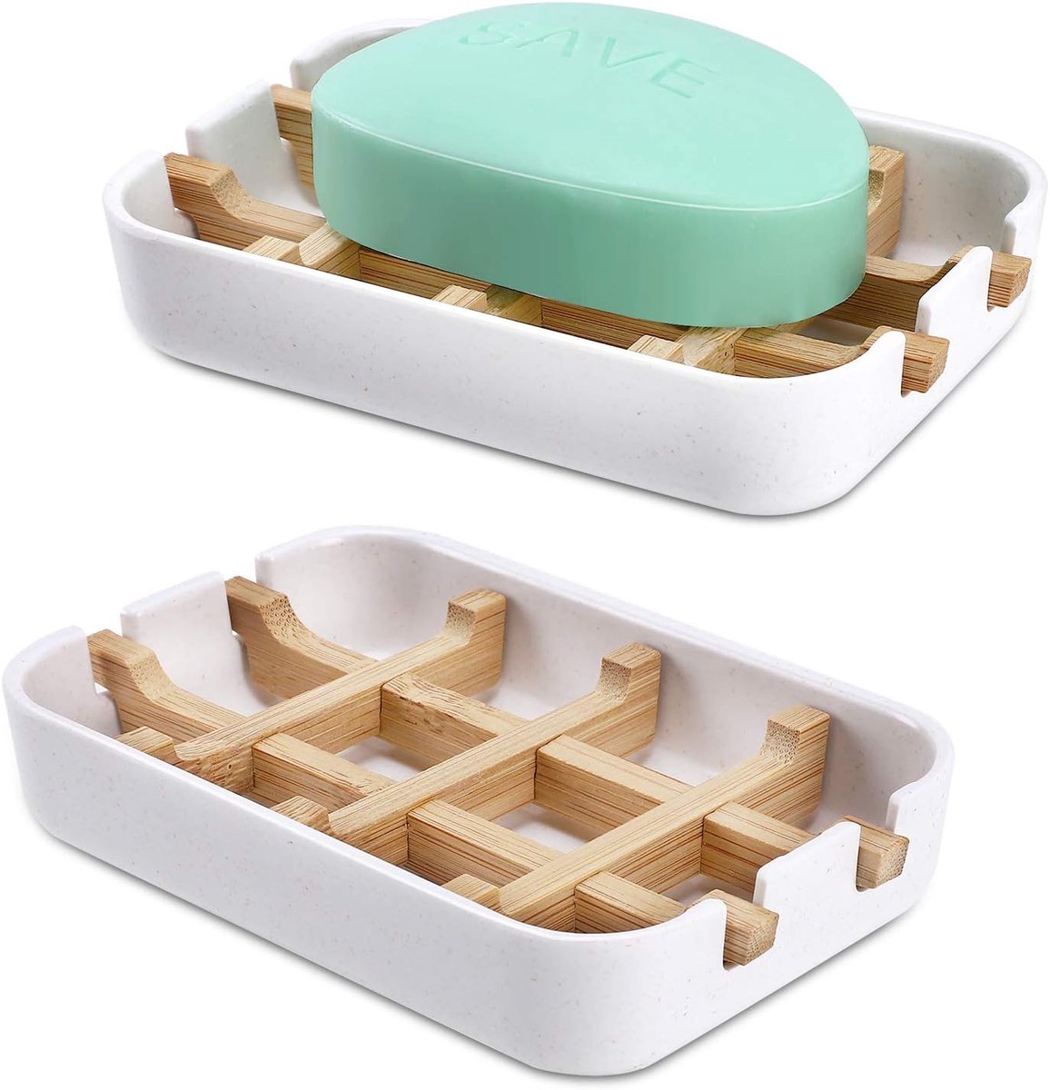 Trywise 2 Stuks Bamboe Zeepbakjes - Zelfdrainerende Zeephouders met Uitneembaar Inzetstuk - Voor Badkamer en Keuken - Wit