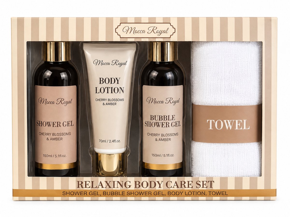 HEM Verzorgingsset Dames Beige – Kersenbloesem & Amber – Douchegel, Bad- en Douchegel, Bodylotion & Handdoek – Inclusief HEM Microvezeldoekje
