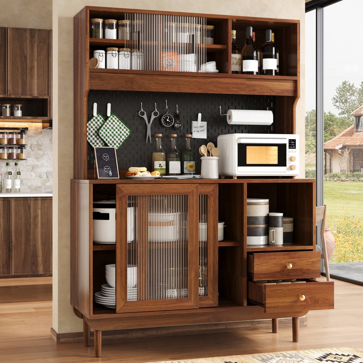 MIVRAY Keukenkast - Gestructureerde Glas Schuifdeuren Met Lade En Open Vakken - Voor Keuken En Eetkamer - MDF En Spaanplaat - Walnoot - 117 Cm