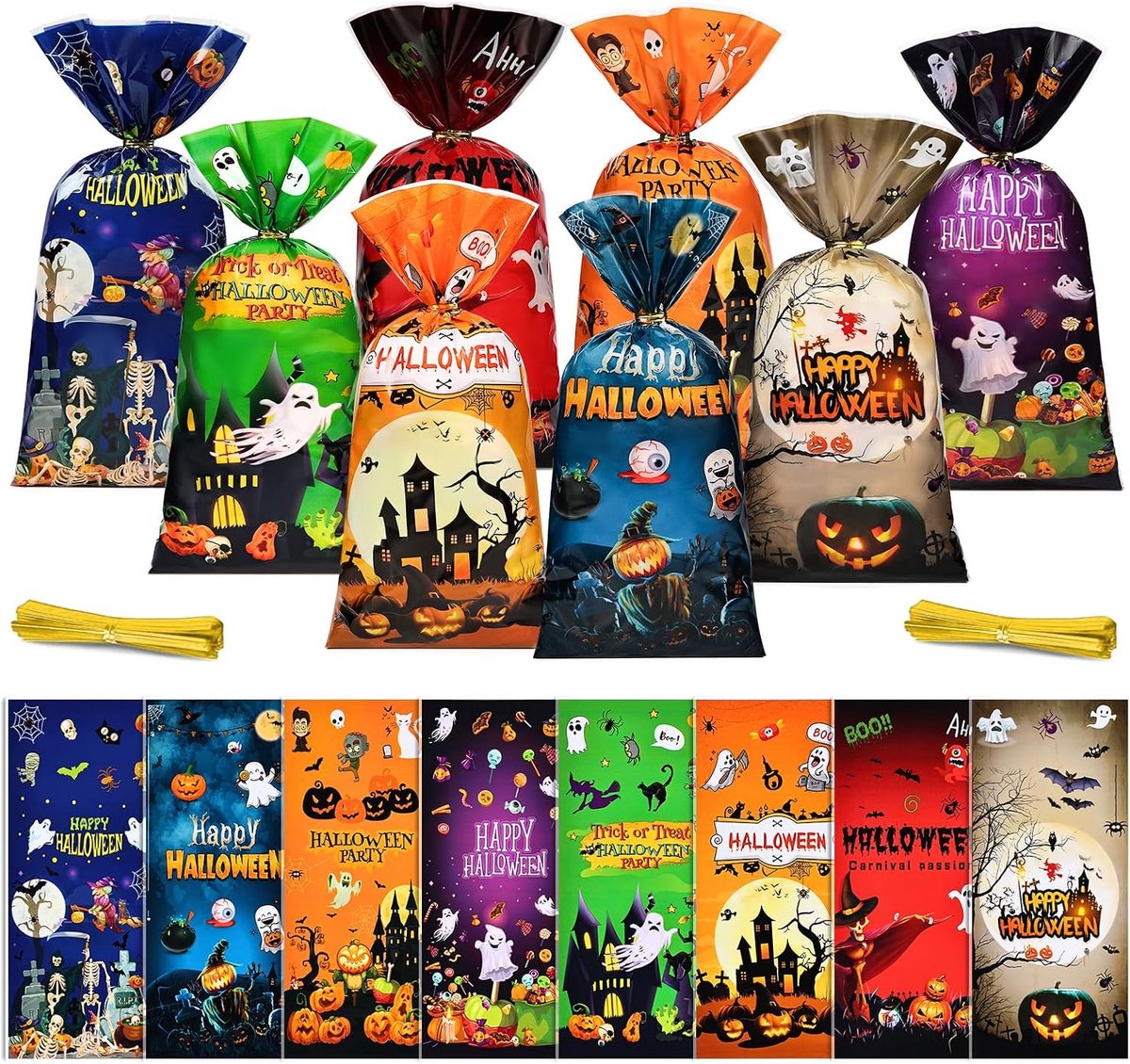 Halloween cellofaan zakken 120 stuks - met twist ties - betoverend ontwerp - perfect voor traktaties - ShopVlot
