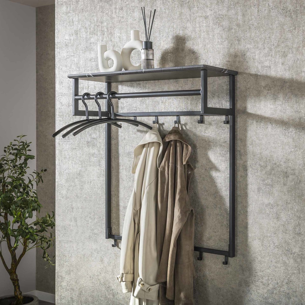 Giga Meubel Kapstok Roede - Zwart Metaal - 12 Haken - 80x30x90cm