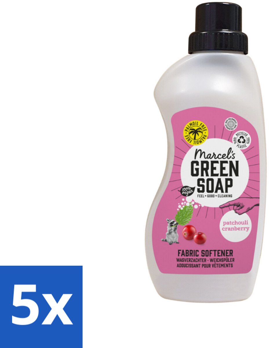 5 x Marcel's Green Soap - Wasverzachter - Patchouli & Cranberry - Zachte frisheid - 30 Wasbeurten - 750 ml - Wasverzachter - Wasverzachter Patchouli Cranberry - Wasverzachter Vegan - Wasverzachter Biologisch Afbreekbaar - Wasverzachter Natuurlijk