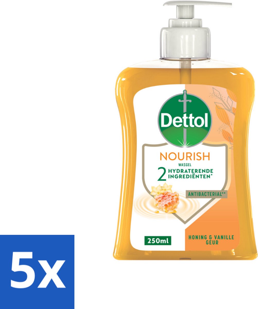 5 x Dettol - Handzeep - Nourish - Honing & Vanille - 250 ml - Handzeep - Antibacterieel - Handen Wassen - Handen Verzorgen - Honing