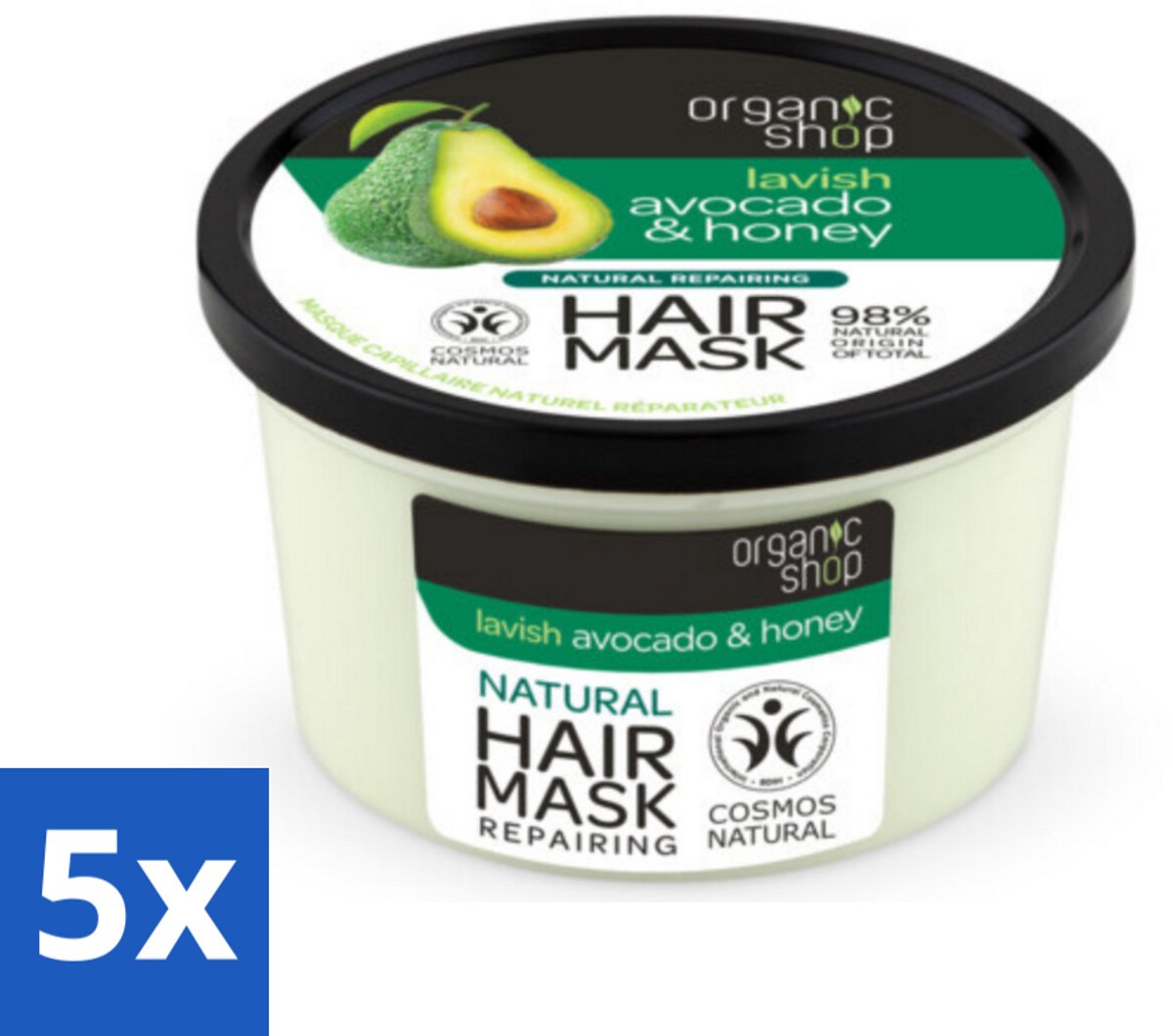 5 x Organic Shop - Haarmasker Avocado & Honey - Hydraterend en Verzachtend - 250 ml - Voordeelverpakking - 5 stuks