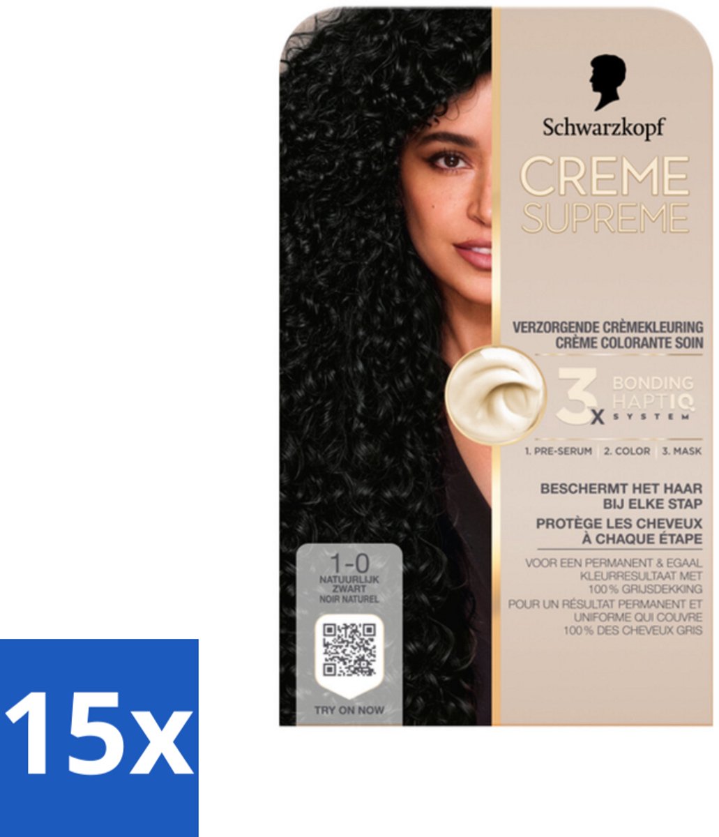 15 x Schwarzkopf - Haarkleuring - Creme Supreme 1-0 - Natuurlijk Zwart - 245g - Natuurlijk Zwart - Permanent Haarverf - Grijsdekking - Haarverzorging - Haarkleuring