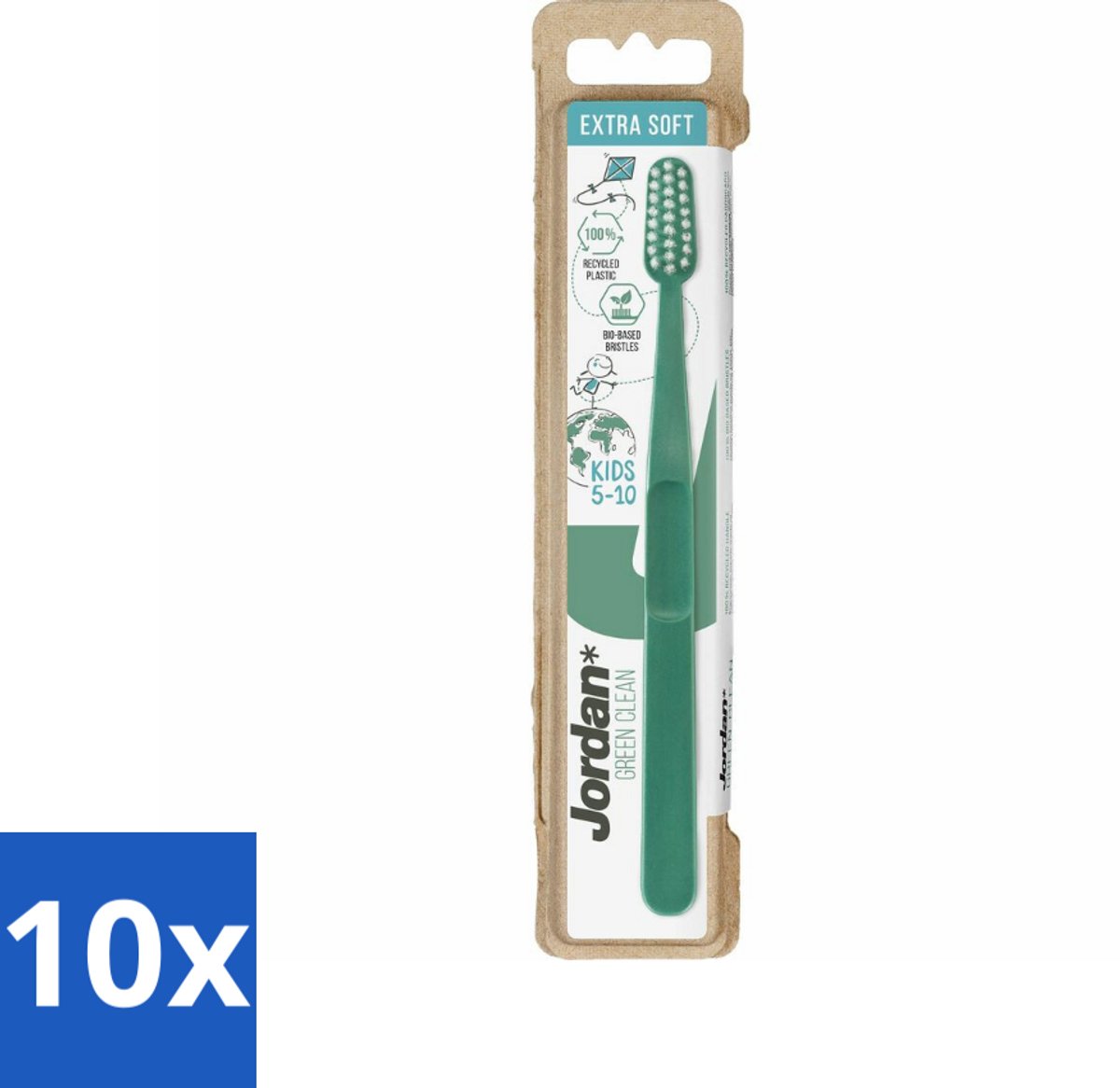 10 x Jordan - Tandenborstel - Green Clean - Extra Soft - 5 tot 10 Jaar - Kinderen Tandenborstel - Kindertandenborstel - Duurzame Tandenborstel - Extra Zachte Borstel - Kindermondverzorging