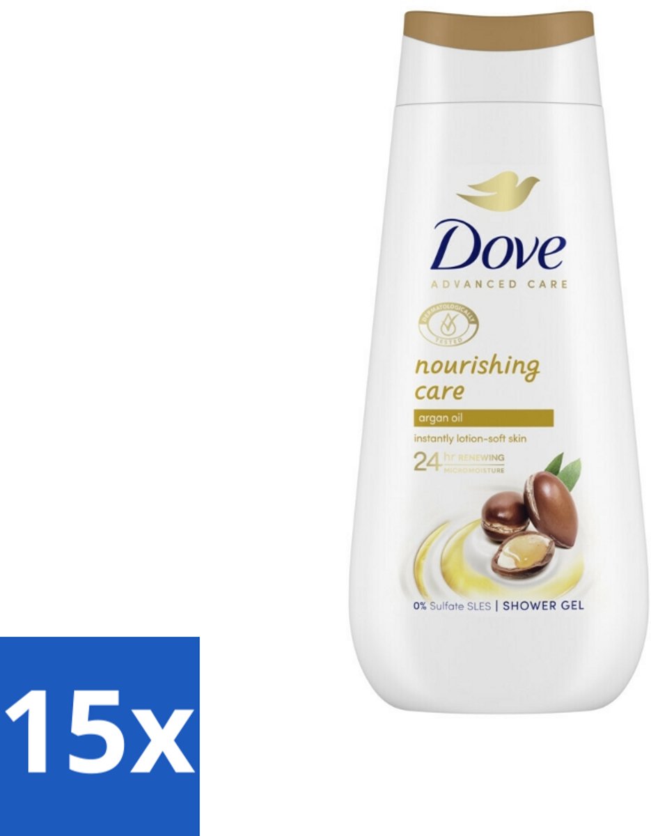 15 x Dove Douchecrème - Nourishing Care - Arganolie - 225 ml - Douche Gel - Arganolie - Hydratatie - Droge Huid - Micro Moisture