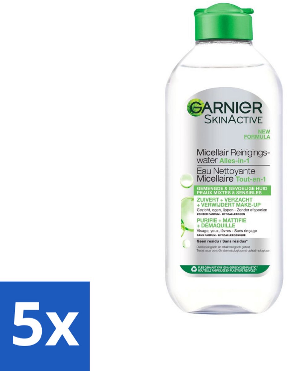 5 x Garnier - SkinActive - Micellair Reinigingswater - Vette Huid - Verzachtend & Reinigend - 400 ml - Micellair Reinigingswater - Vette Huid - Make-up Verwijderen - Geurloos - Hypoallergeen